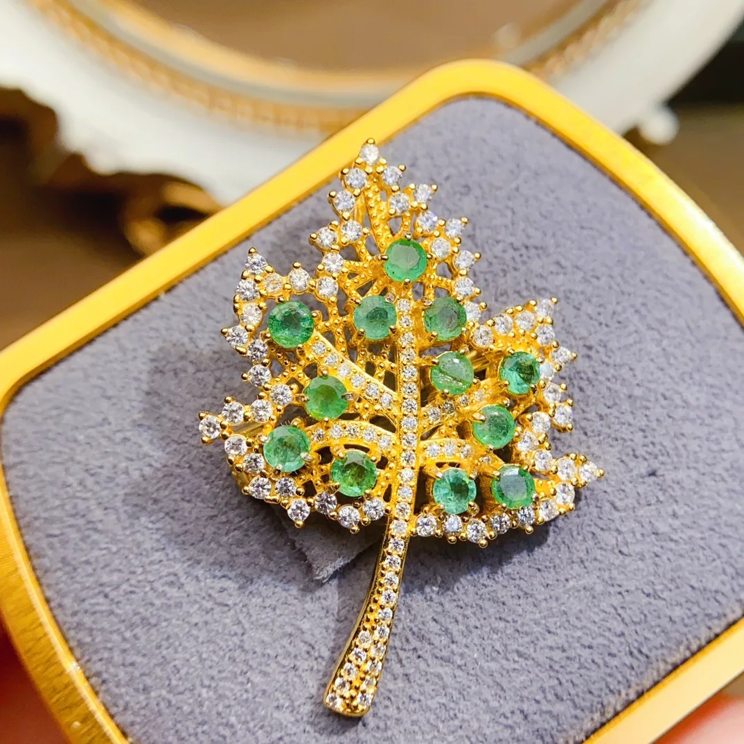 S925 Sterling Silver Gold‑Plated Natural Emerald Brooch,3*3mm Round Gemstone, Leaf‑Shape Elegant Pin Jewelry Gift for Women