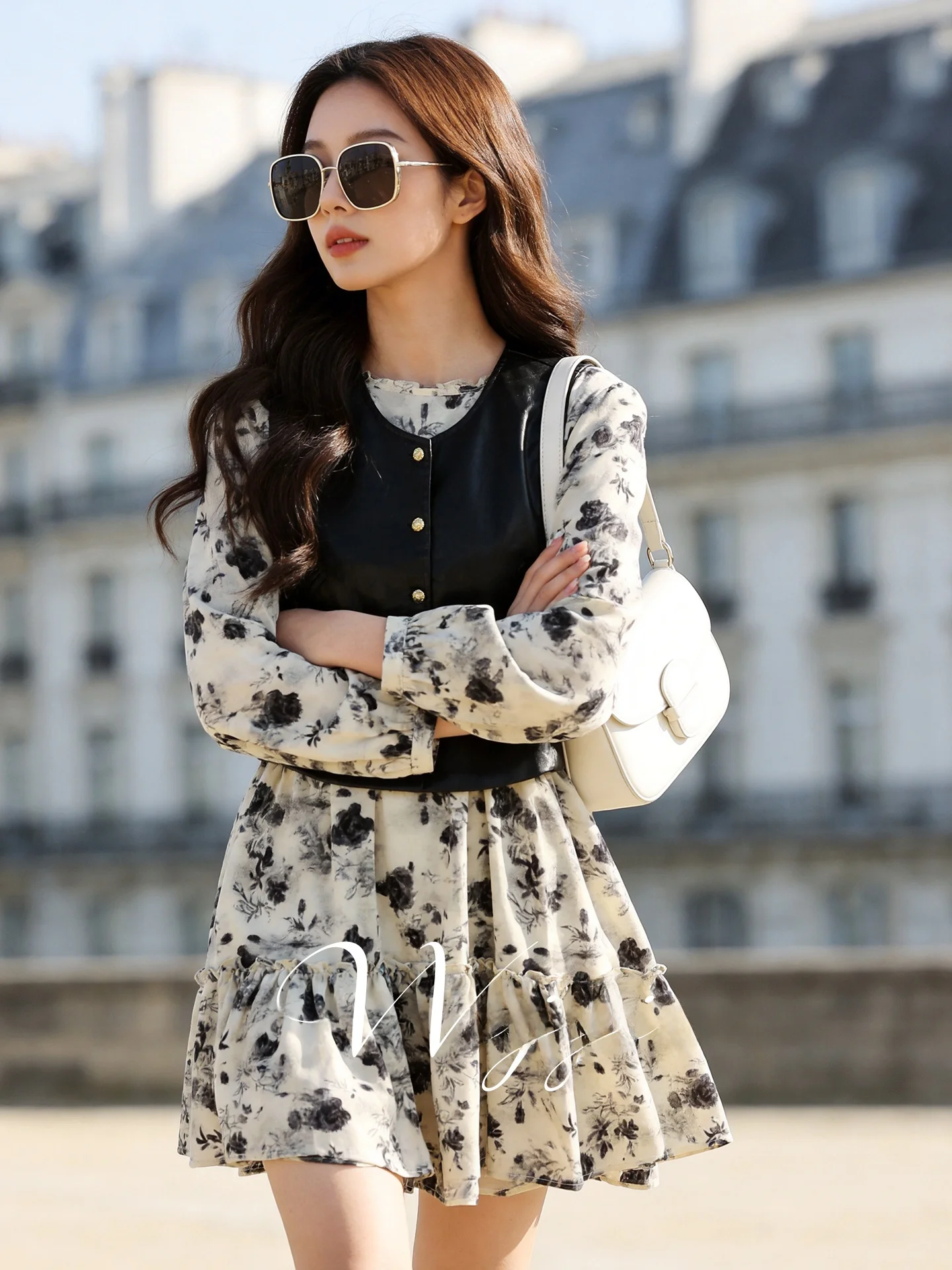 

plus Size Fashionable Floral Print Dress And Vest Set High Waist Long Sleeve Casual Wear Polyester Fiber Spring Summer Collec...