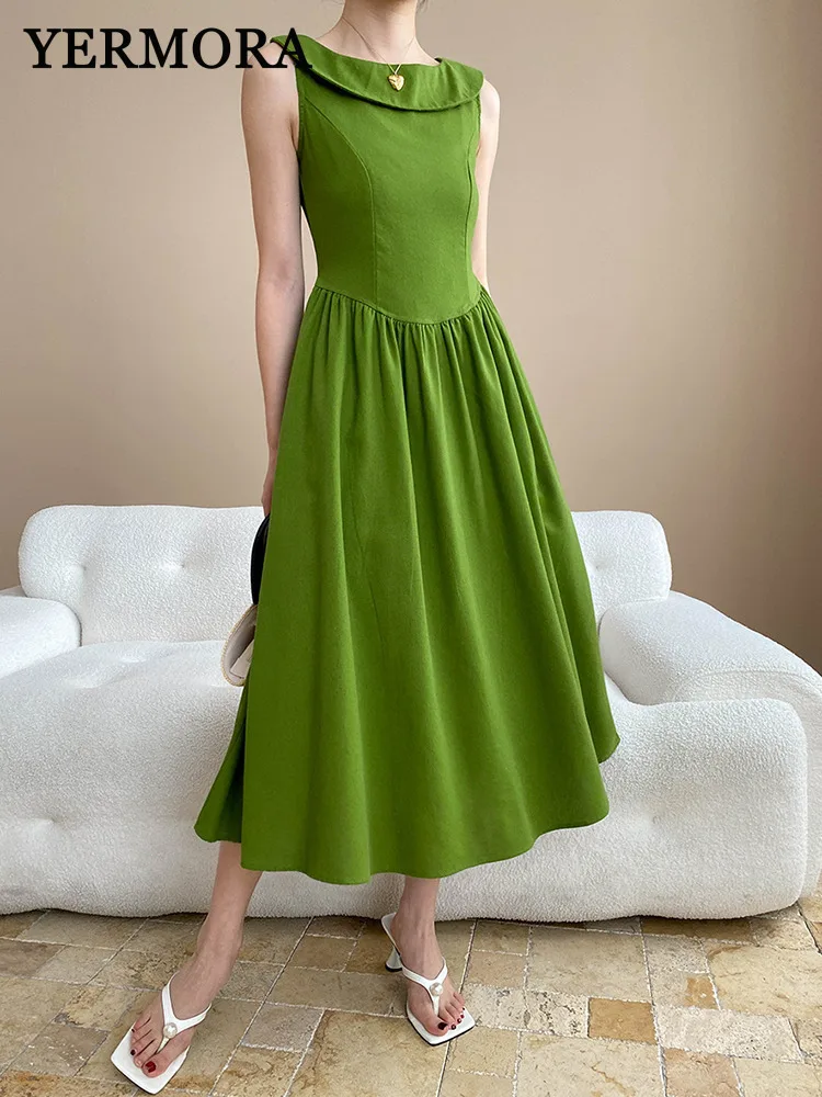 

YERMORA женское зеленое платье на молнии сзади, бандажное плиссированное подол, элегантное платье без рукавов, свободное модное платье, весна-лето, новинка 2023 года