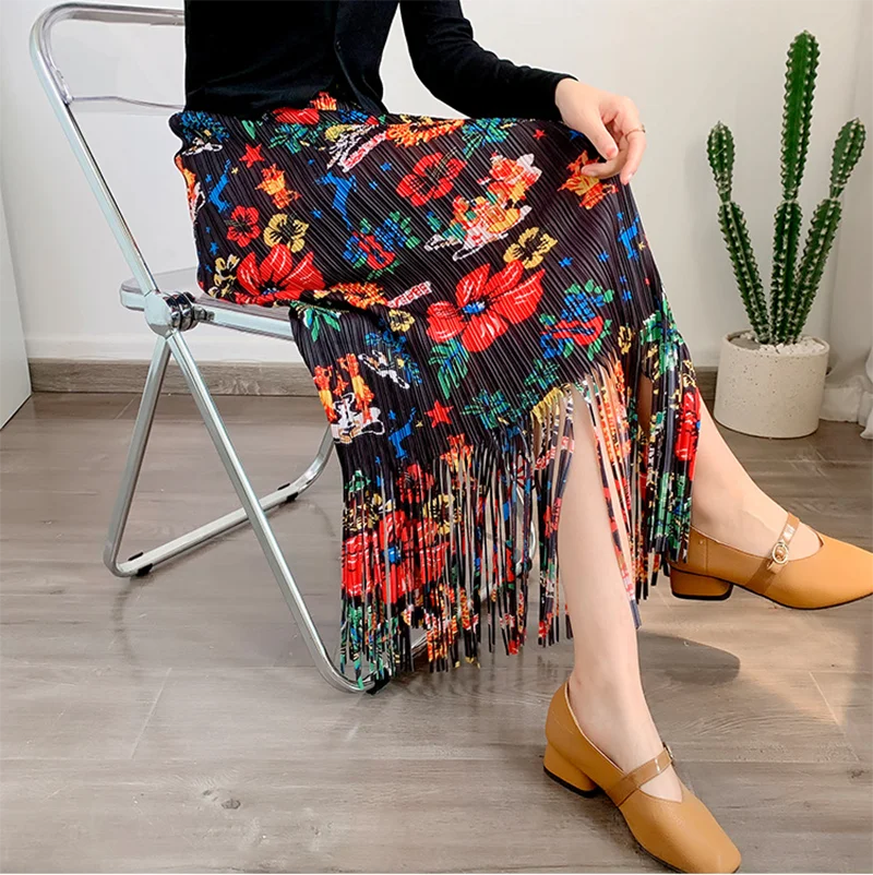 

Miyake-Pleated Flower Printed Tassels Skirt for Women, Casual Long Skirt, New Fashion, Elegant