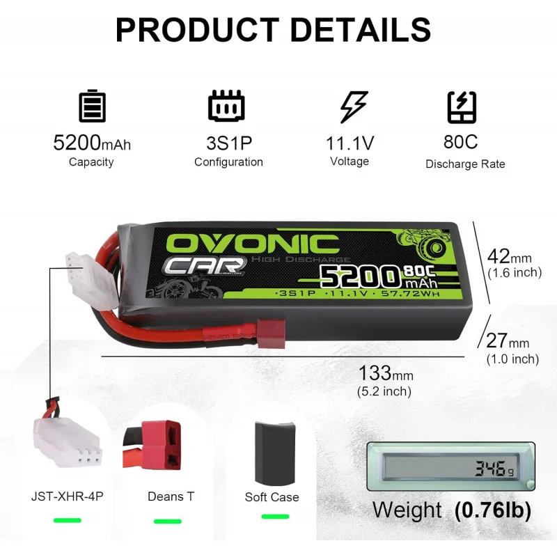 OVONIC 3S Lipo Battery 5200mAh 11.1V 80C RC Battery with Deans T Connector for RC Car Boat Truck Helicopter Airplane Racing Mode