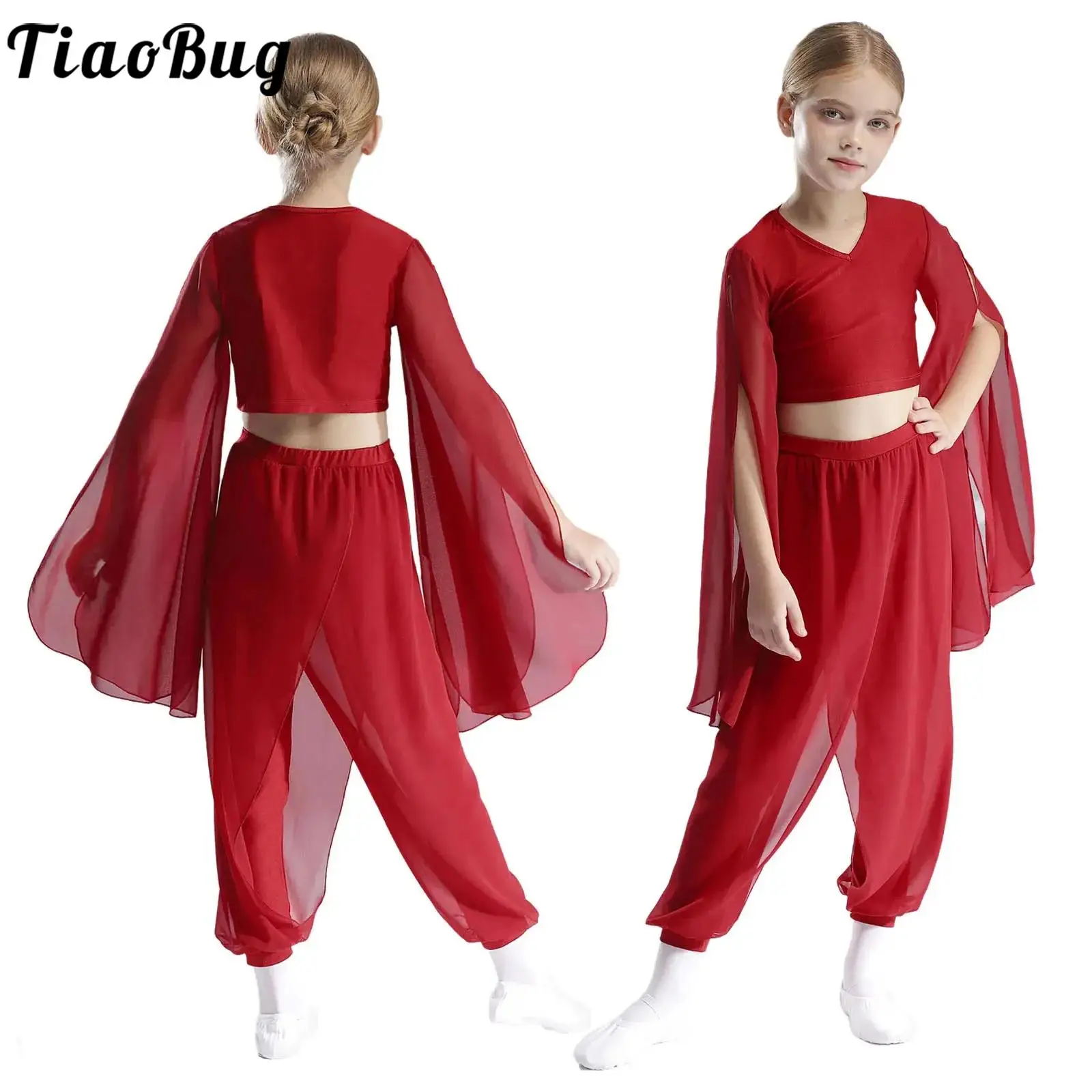 

Kids Girls Modern Lyrical Dance Outfit Stage Performance Costume Jazz Ballet Gymnastics Flared Sleeves Crop Top with Pants Set