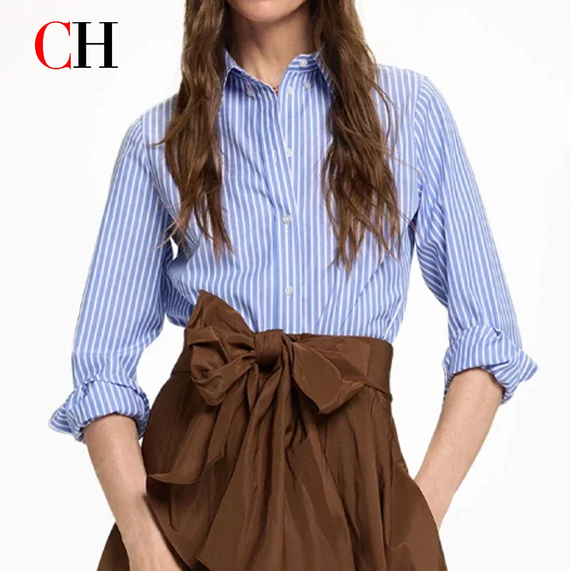 

Рубашка женская с длинным рукавом CH Brand Letter Label Accessories, высококачественная, сине-белая в вертикальную полоску, новая модная тенденция