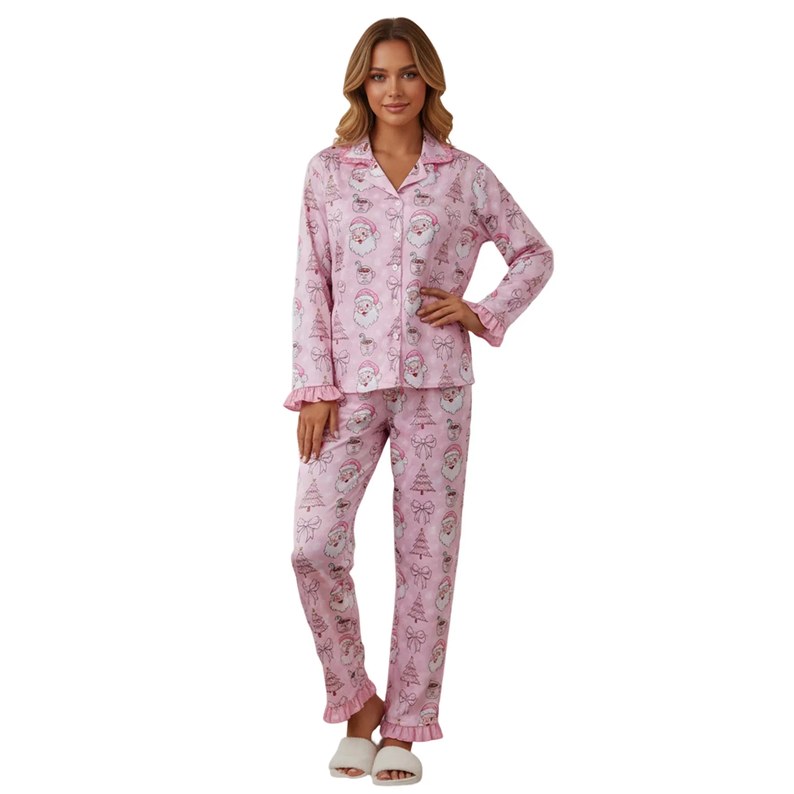 

Women's Christmas Pajama Set Long Sleeve Lapel Santa Claus/Tree Print Shirt Pants Sleepwear