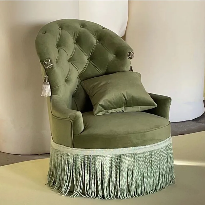 FQ Retro Nostalgic Green Single Sofa French Tassel Velvet Hair Chair