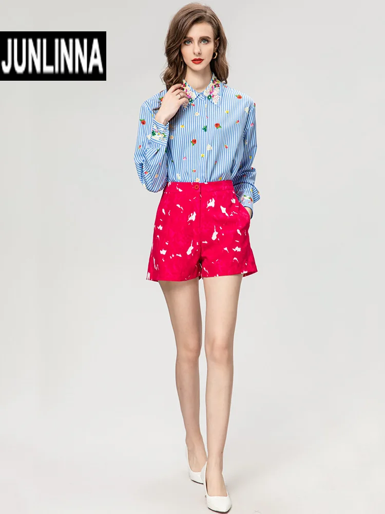 

JUNLINNA Sweets Lady 2 Piece Set Spring Autumn Beading Turn-down Collar Shirt+Shorts Street Elegant Printing Suit