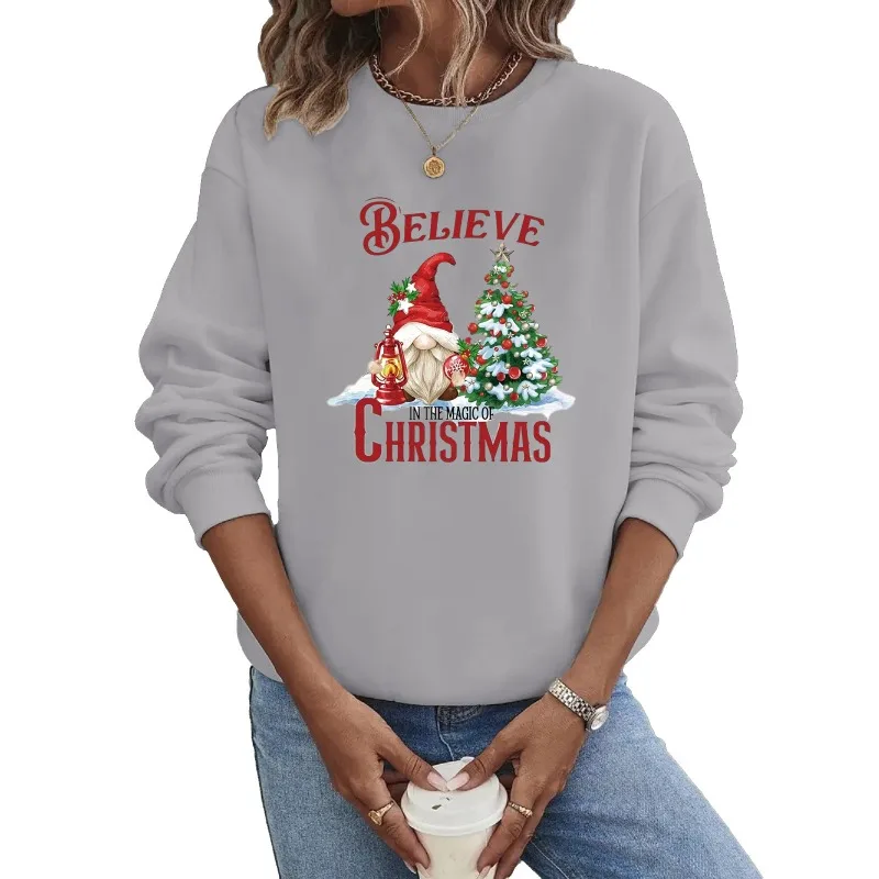 크루넥 후드티 크리스마스 긴팔 핫 산타 트리 프린트 스웨트셔츠 스트리트웨어 여성 스웨트셔츠 후드티 여성