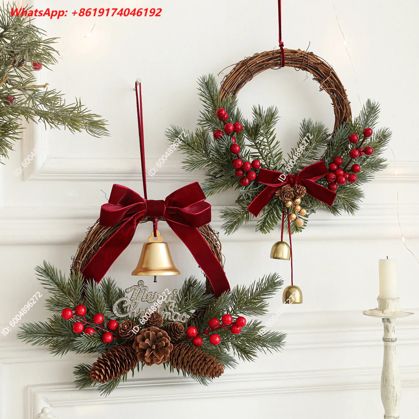 Christmas wreath door hanging with lights Christmas ornaments bells Christmas scene arrangement atmosphere pendant