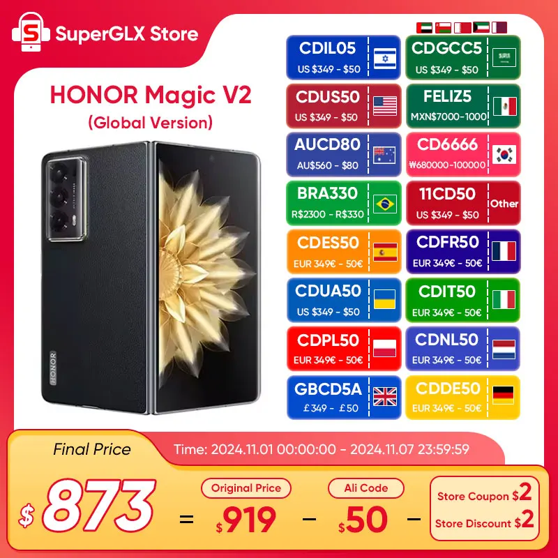 

Global Version Honor Magic V2 5G Foldable LTPO OLED 120Hz Display 7.92" 50MP Rear Cameras Snapdragon 8+ Gen 2 5000mAh 66W NFC