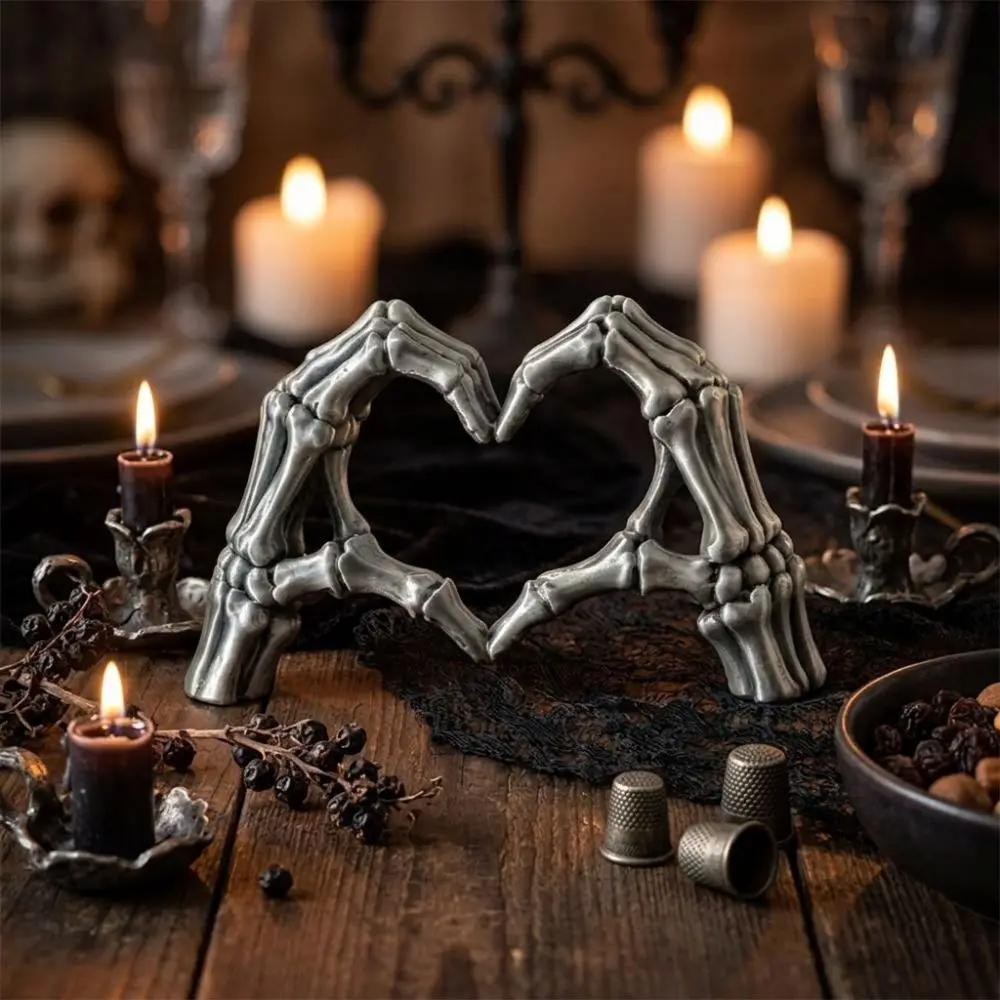 3D-Printed Halloween Skeleton Hand Heart Figurine Realistic Gothic Skull Finger Heart Statue Spooky Dark-Style
