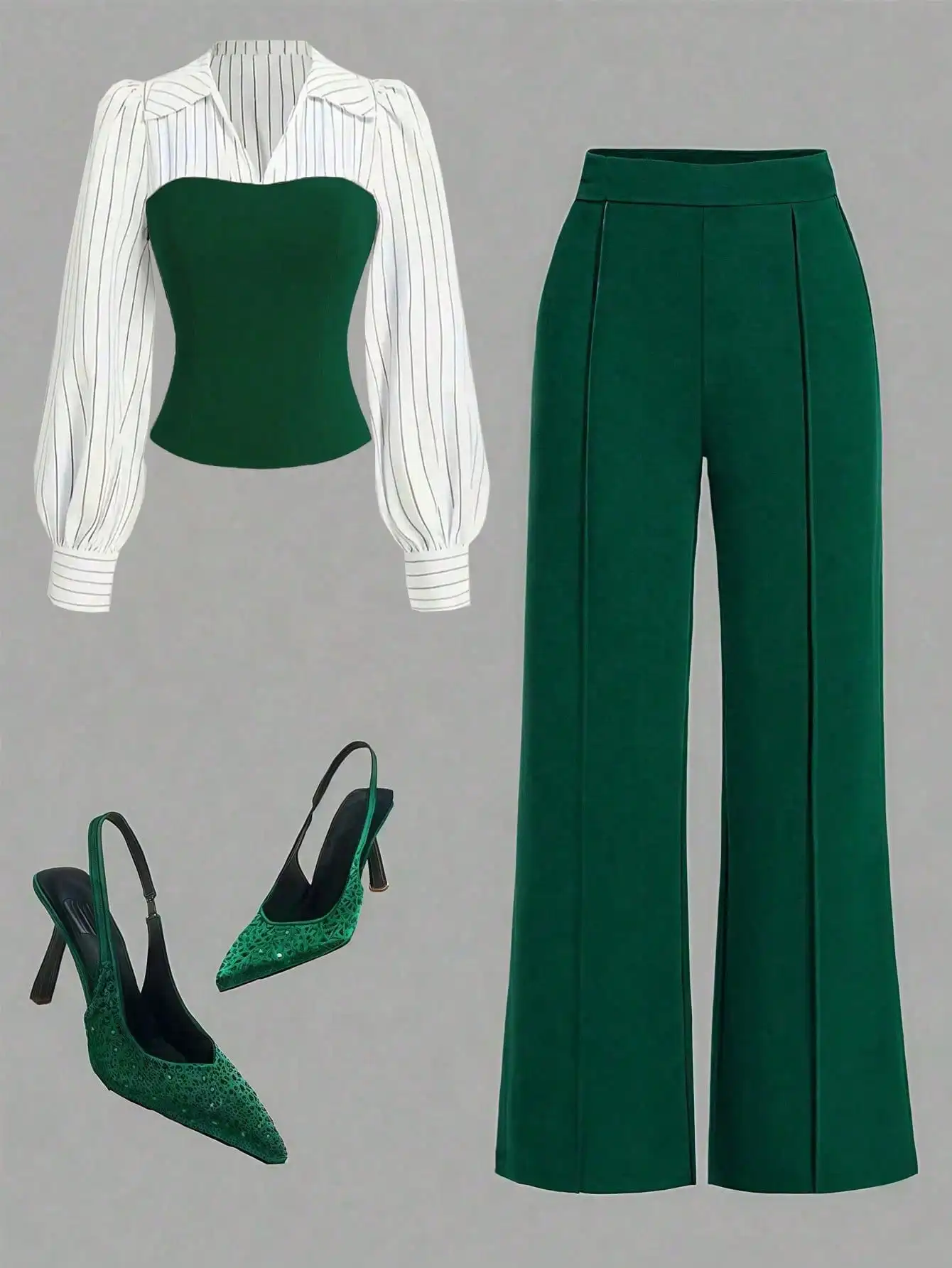 

Женский комплект: полосатый лонгслив и широкие брюки изумрудного цвета для офиса или повседневной носки