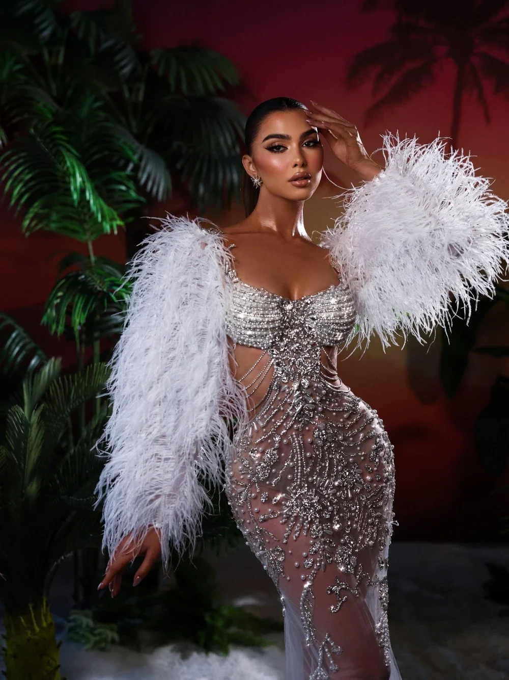 Exquisite Feather Wedding Dresses Pearls Rhinestone Bridal Gowns See Through Customized Princess Bride Dress Vestidos De Novia