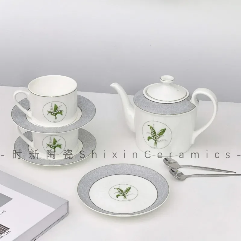 

New Senior Grey Lily of The Valley Coffee Cups and Saucers European Small Fresh Afternoon Tea Cups for Home Drinking. Cafe