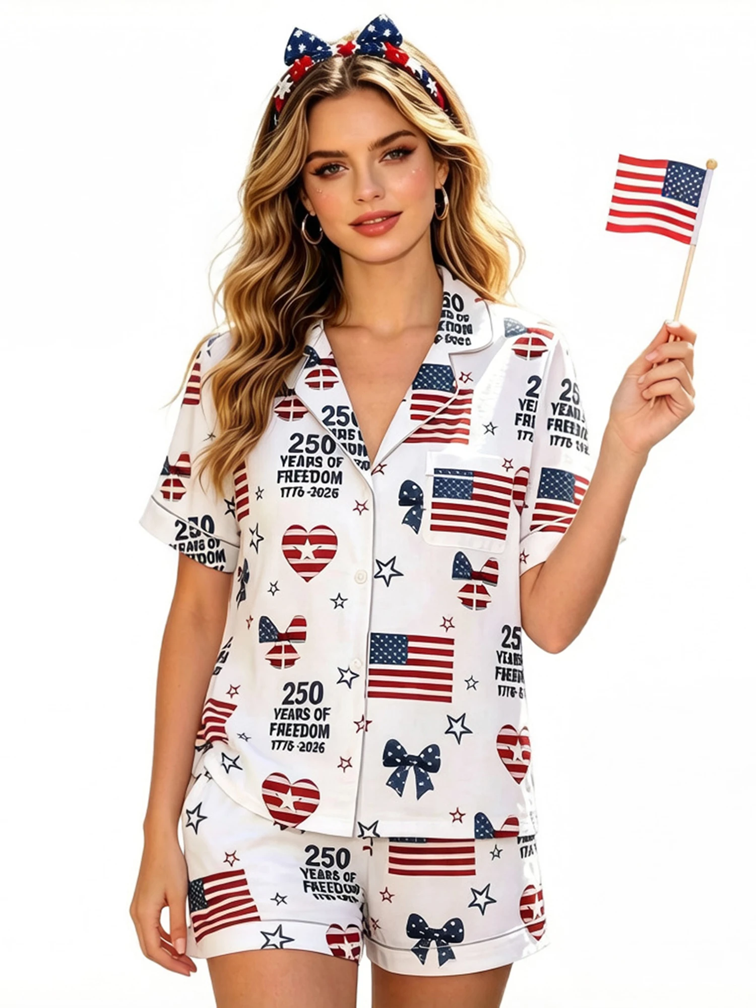 

Women Pajama Set Flag Heart Print Short Sleeve Button Closure Shirt with Shorts Sleepwear Loungewear