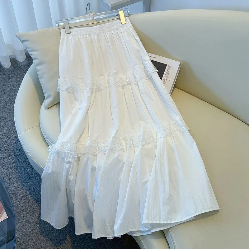 Skirts Women Fashion Sweet Summer A-line All-match Solid Casual Ladies Korean Style Elastic Waist Party Holiday Chic Lovely Ins