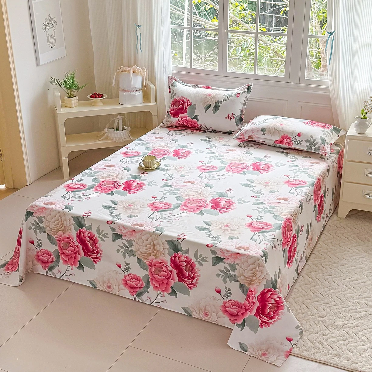 Boho Floral Print Double Bed Set, Wrinkle‑Resistant Bedsheets Full Set, Polyester Bed Covers Household Bedding Linen