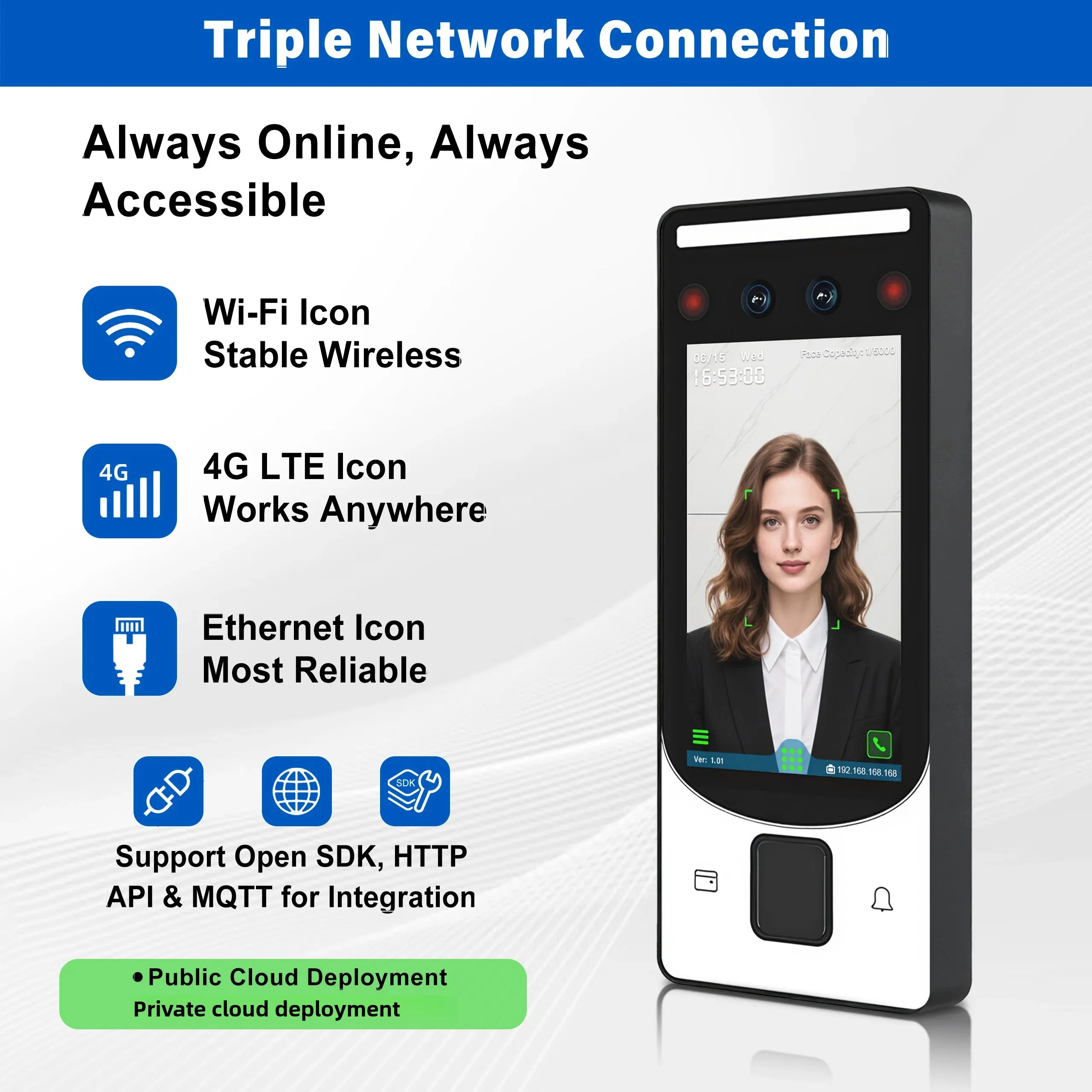Picture 5: 4.5 inch Face Palm Vein Card Biometric Access Control System Cloud Time Attendance Terminal WiFi TCP IP Open API Mobile APP Remo