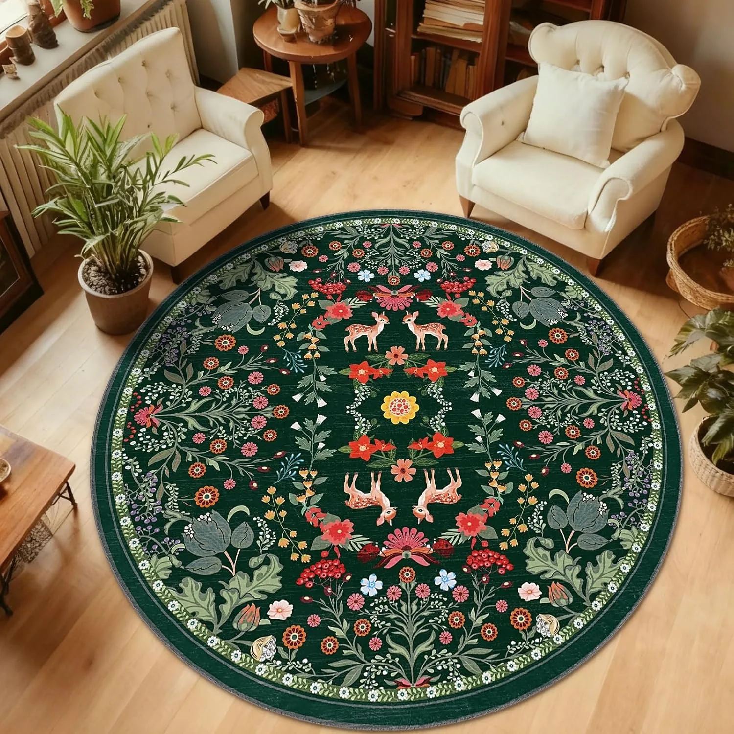 

Round Living Room Carpet Non-slip Machine Washable Soft Floor Mat Animal Print Retro Style Rugs Large Size Home Decoration Mats