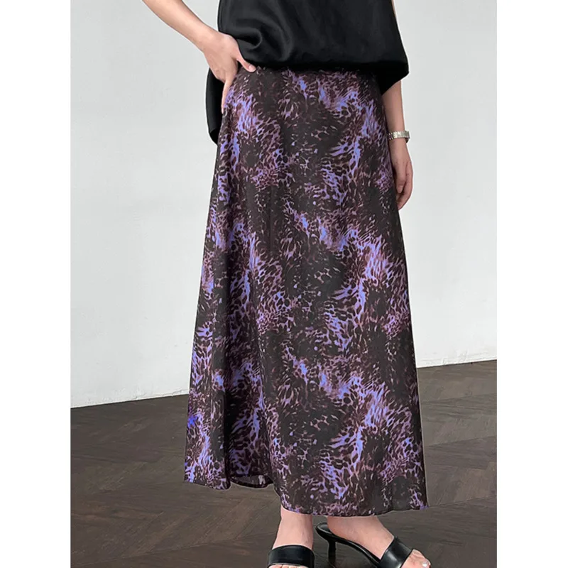 

Women Leopard Print Midi Skirt Summer Elastic High-Waisted A Line Elegant Long Skirt