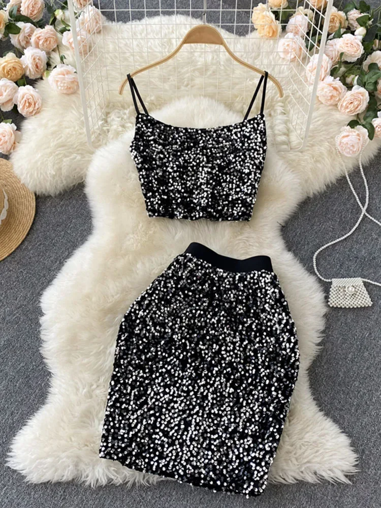 Women Europe The United States Summer Sequins Backless Suspenders Short Tops Waist Thin Skirt Two-piece Suit Female D0801