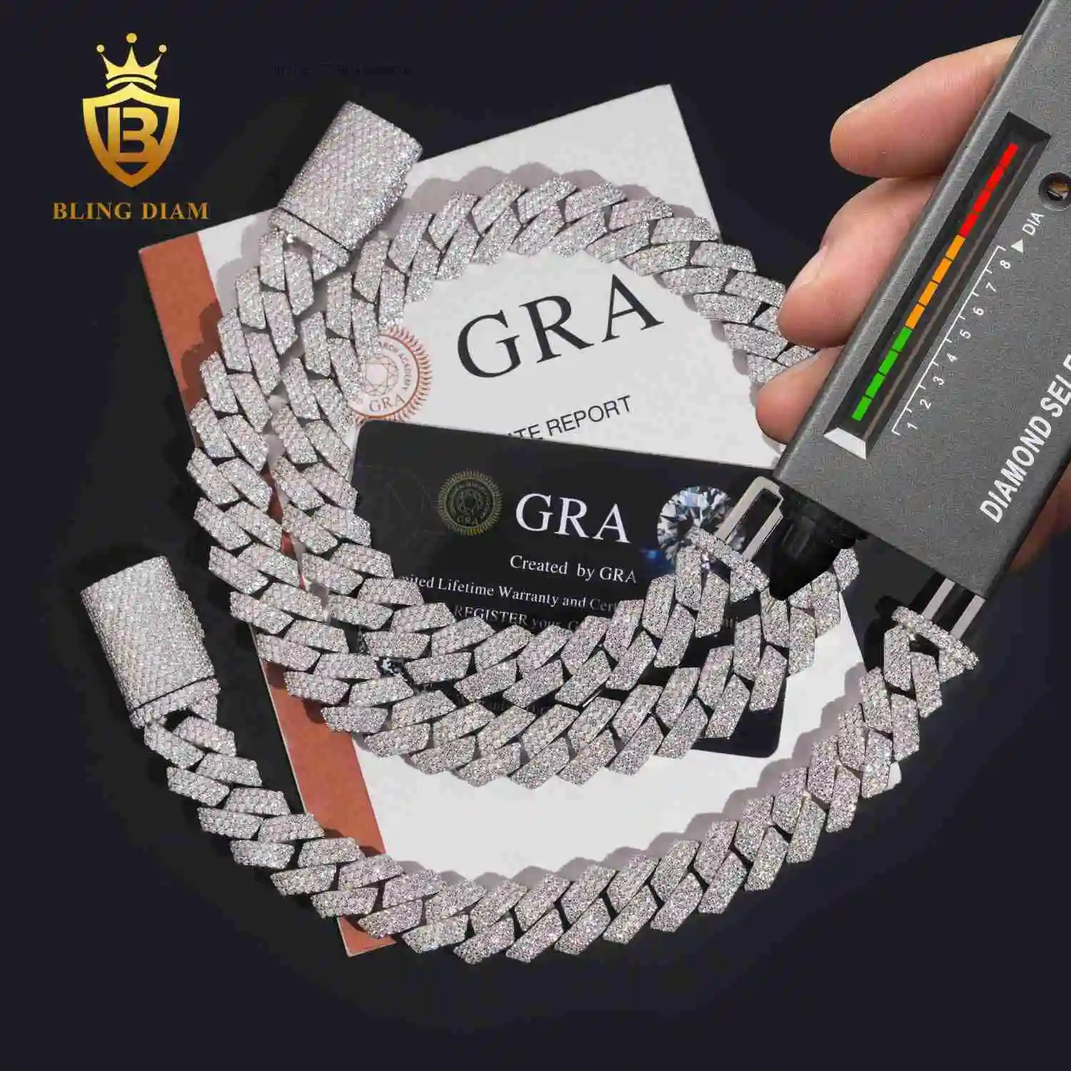 

Hot Sale High Quality Heavy Hip Hop 15mm Width Three Rows 925 Silver VVS Moissanite Iced Out Cuban Link Chain
