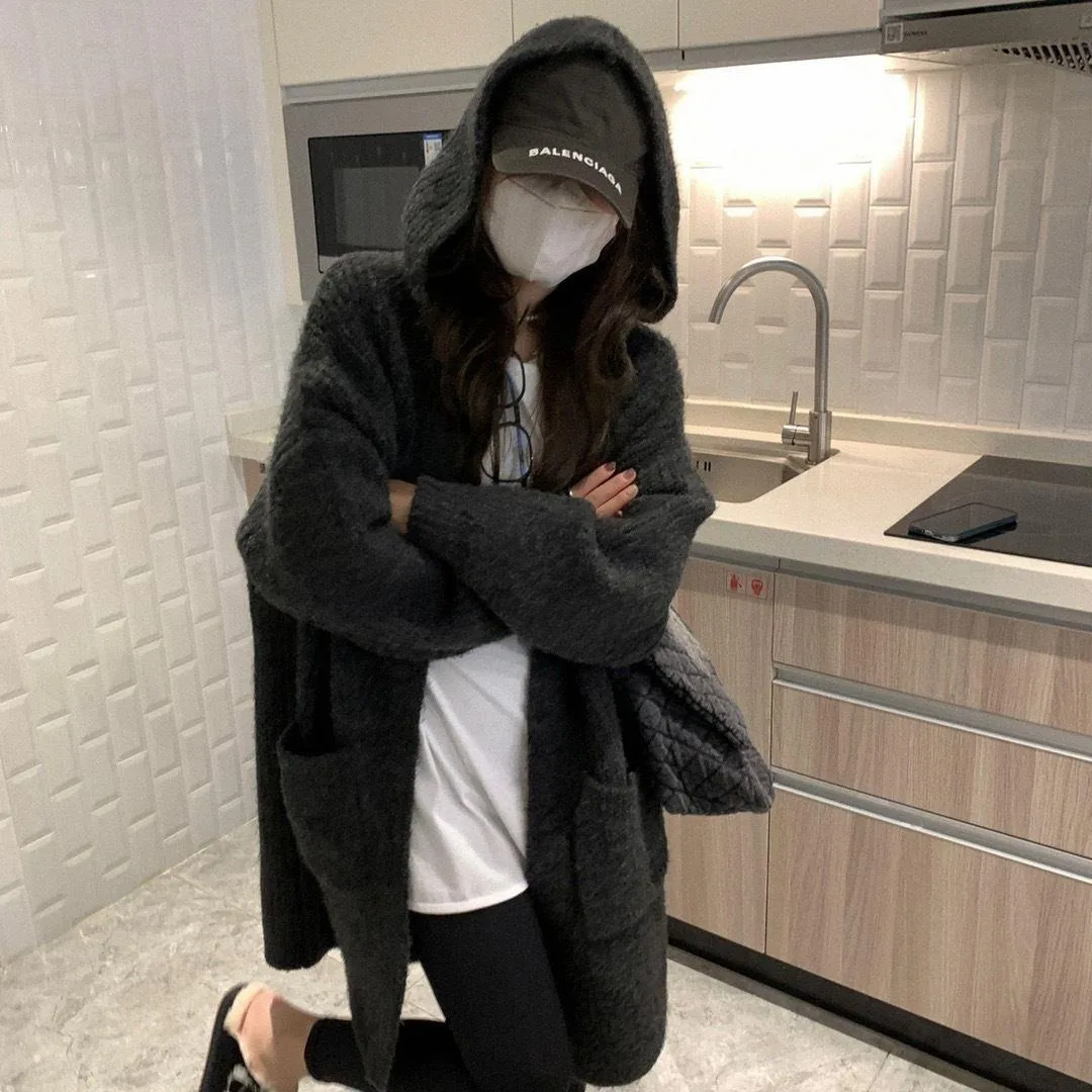 Women Hooded Sweater Cardigan Midi Length Coats Knitted Casual Jumper Full Sleeves Loose Y2k Elegant Office Lady 2025 Autumn