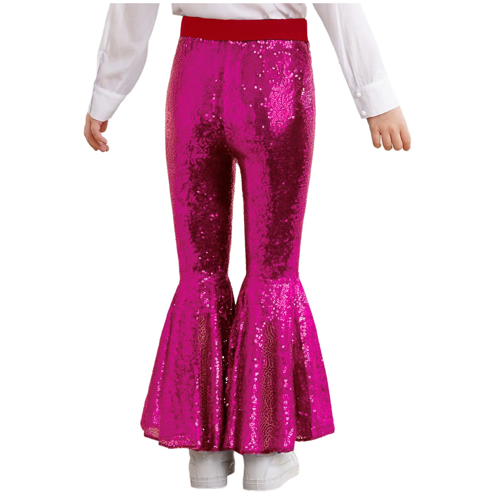 Kids Girls Jazz Latin Dance Pants Glittery Sequins Elastic Waistband Bell-Bottom Trousers Flared Pants Stage Performance Costume
