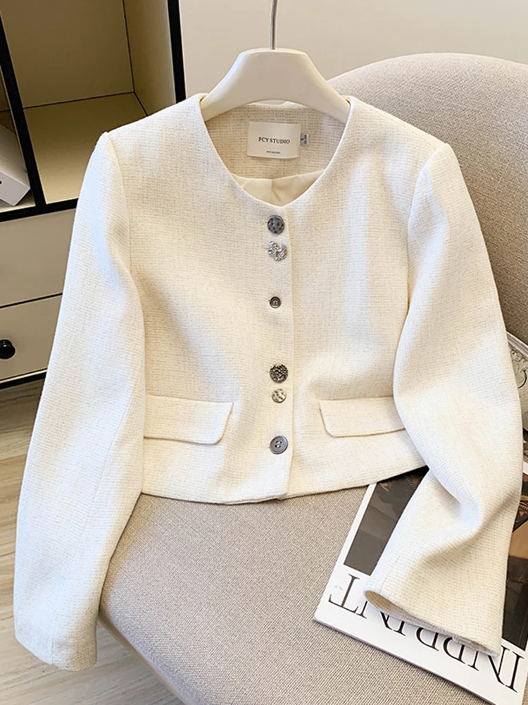 Ele ort Coat Jaet Women's round Ne Asymmetric Hem Button up Top for Autumn Winter Faion Luxury Sle Straight Cut