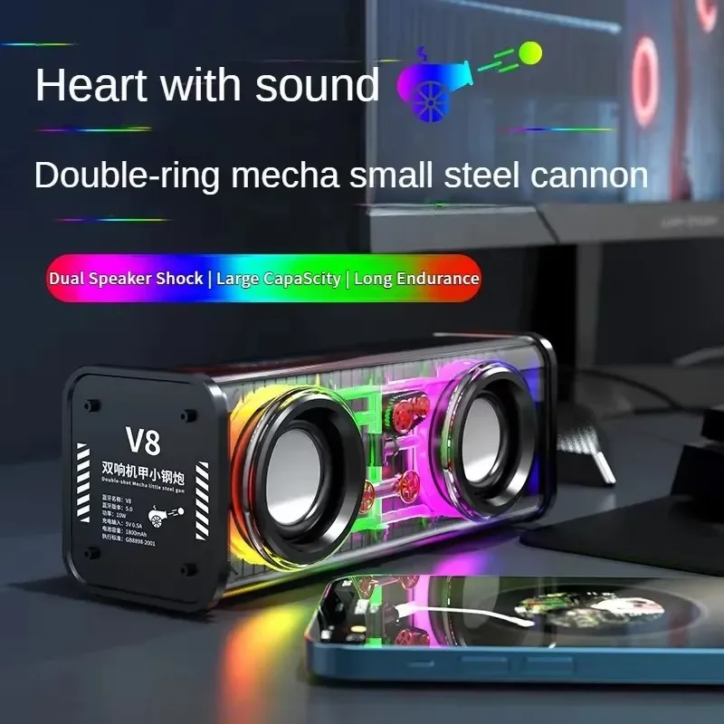 

Прозрачные колонки Mecha V8 Bluetooth 5,0, беспроводной сабвуфер с двойной басовой диафрагмой, музыкальный TWS RGB Light, мини-громкоговоритель для вечеринок