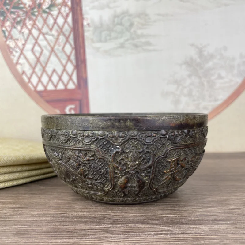 Antique Antique Copper Lace Bowl Decoration New Chinese Style Bowl Ethnic Style Relief Retro Home Office Decoration Gift