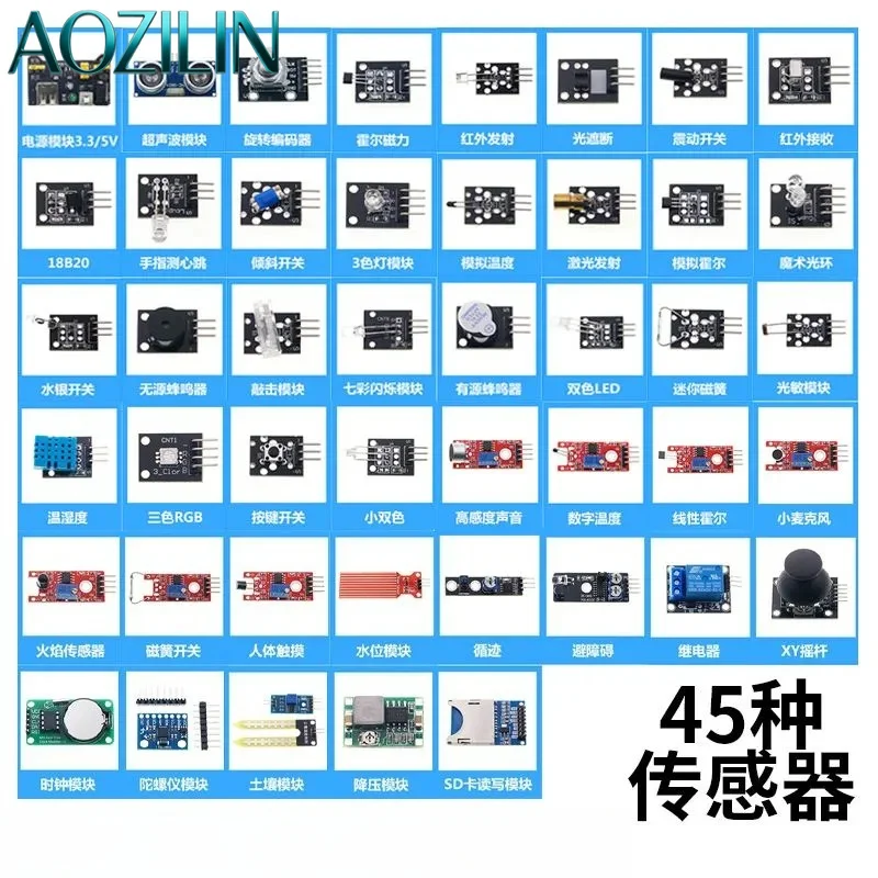 AOZILIN 16/37/45pcs Sensor Module Kit Electronic Experiment Parts Compatible STM32 Microcontroller DIY Accessories