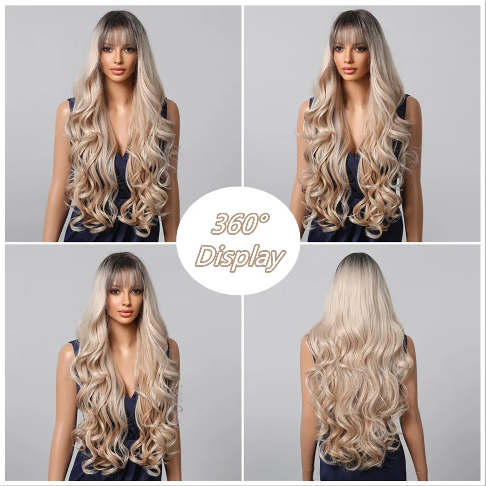 ALAN EATON Blonde Highlight Long Synthetic Wig Natural Ombre Mixed Blonde Wig Wavy Wig with Bangs Heat Resistant Daily Use Fiber