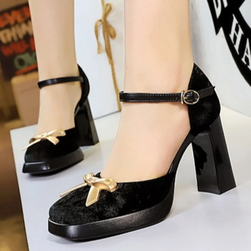 

BIGTREE Street Style Sexy High Heels Butterfly-knot Square Toe Women Pumps Elegant Platform Buckle Strap Banquet Party Shoes