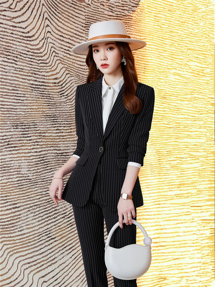 Women's White Striped Pants Suit Sets Black Blazer and Trousers Female Business Outfit Spring Autumn New 2024 2 Pieces Sets