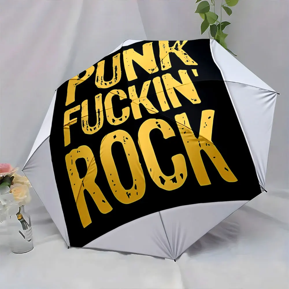Bold Yellow Text Punk Rock Design Black Background portable waterproof sun rain umbrella for outdoor travel beach