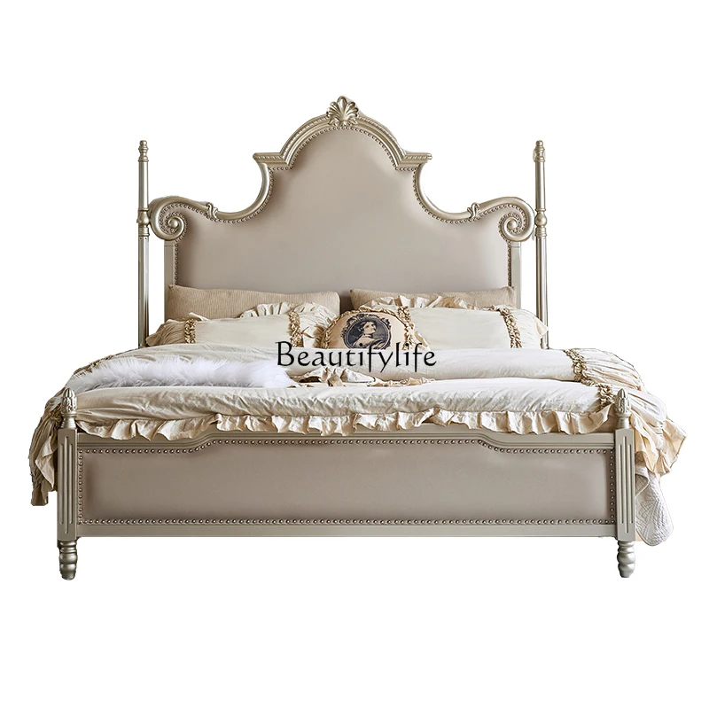 French full solid wood double bed carved luxury European villa high PC and console game bedroom luxury American light luxury