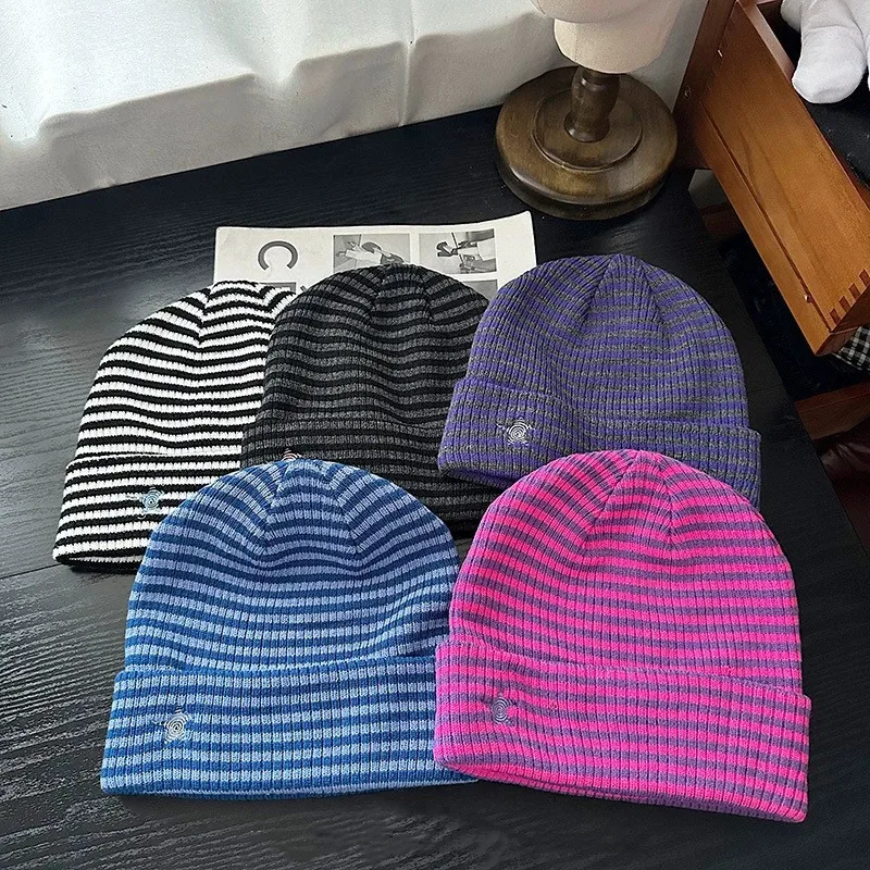 2026 Korean Star-embroidered Striped Knitted Hat for Women Fashion Autumn and Winter Warm Beanie For Men and Women