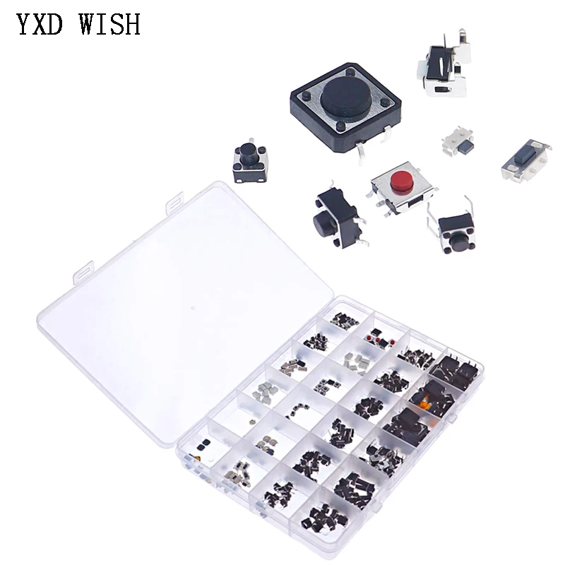250pcs 25Type Micro Switch Assorted Push Button Tact Switches Reset Mini Leaf Switch SMD DIP 2*4 3*6 4*4 6*6 Diy Mixed Box kit