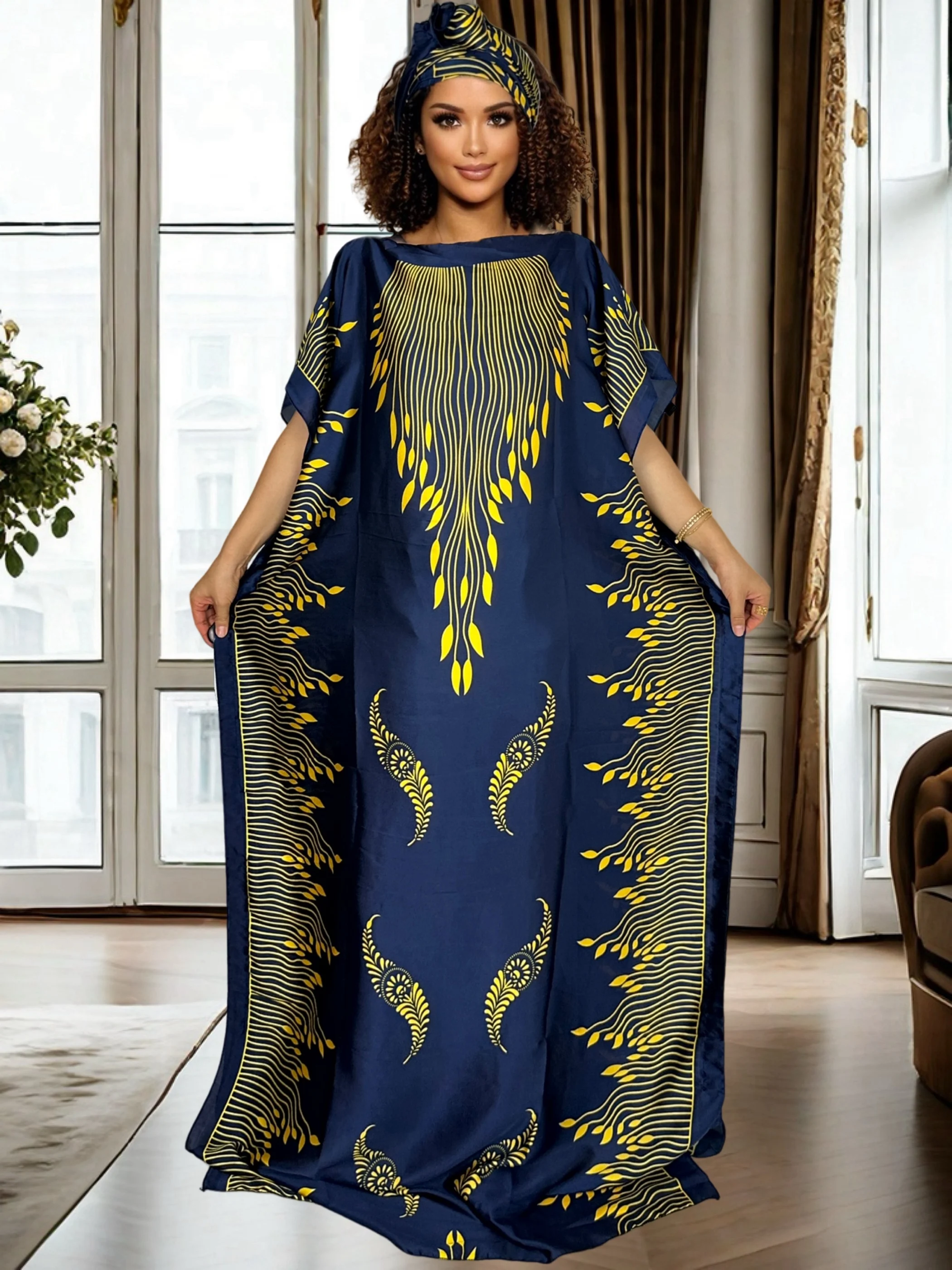 

Elegant Women's Floral Print Dress Casual & Formal Occasions Long Robe with Scarf