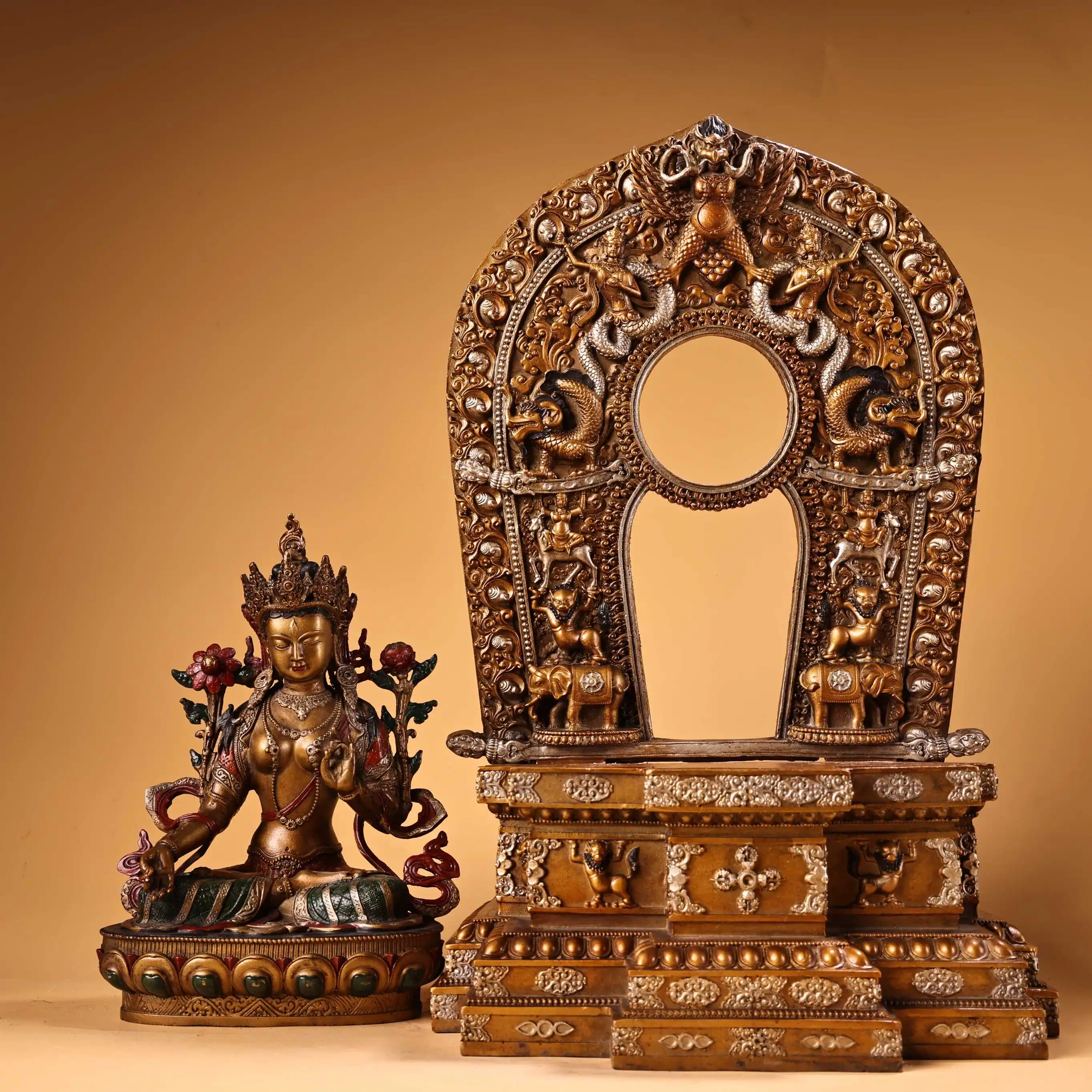 

16"Tibetan Temple Collection Old Bronze Painted High Relief White Tara Sitting Buddha Buddhist Niche Backlit Buddha Platform