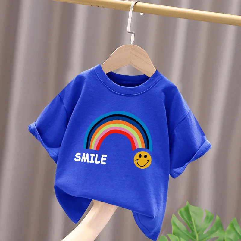 Teen Summer 100% Cotton T-shirt Kids Korean Cartoon Rainbow Smile Face Printed Child Tshirt Boys Girls Comfortable Short Sleeve