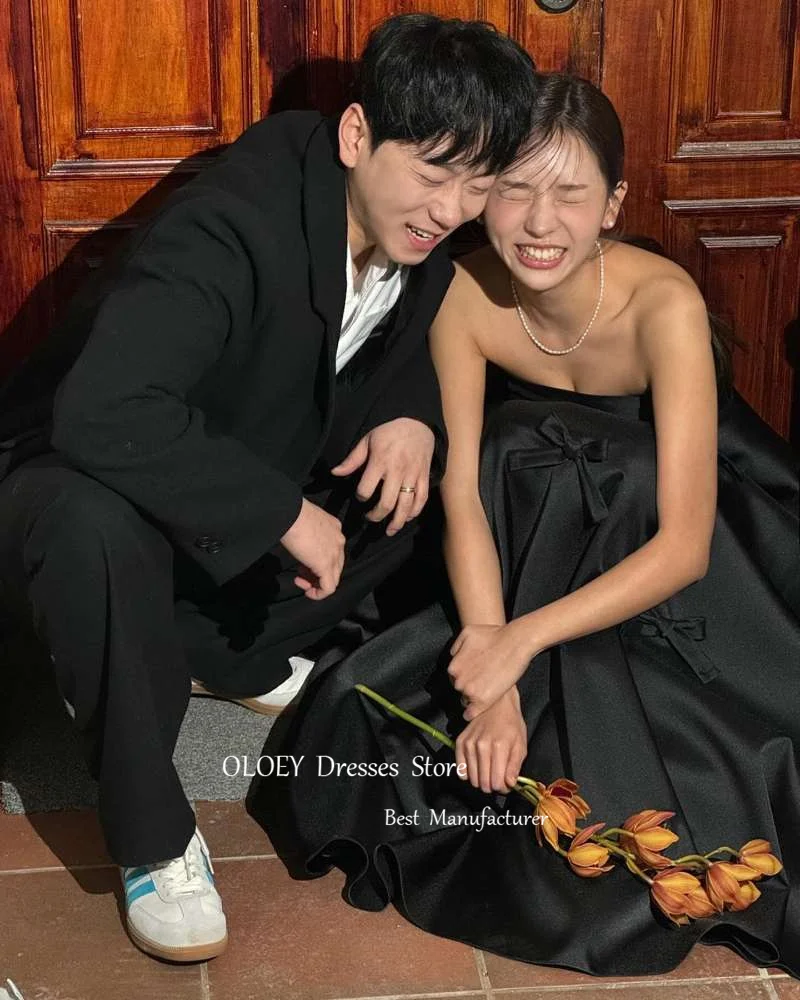 OLOEY-Vestidos de Noche de Corea con Bolero para sesión de fotos, cinta de fiesta de boda, corsé de satén en la espalda, vestido Formal para ocasiones, Simple, negro