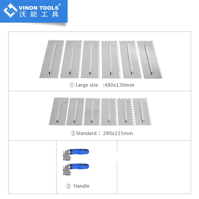 Espátula grande de diente de sierra con muescas, espátula cuadrada de acero inoxidable para azulejos de gran formato con 6 cuchillas estándar y 6 cuchillas grandes