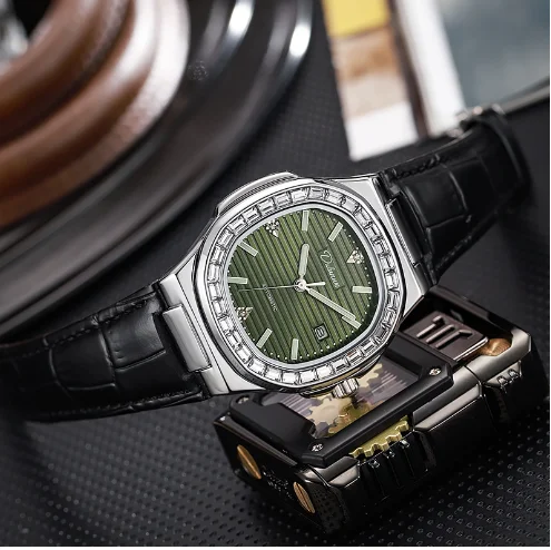 Fully Automatic Mechanical Watch Stainless Steel Strap with Spring Butterfly Buckle Leather Strap Men's Calendar Watch