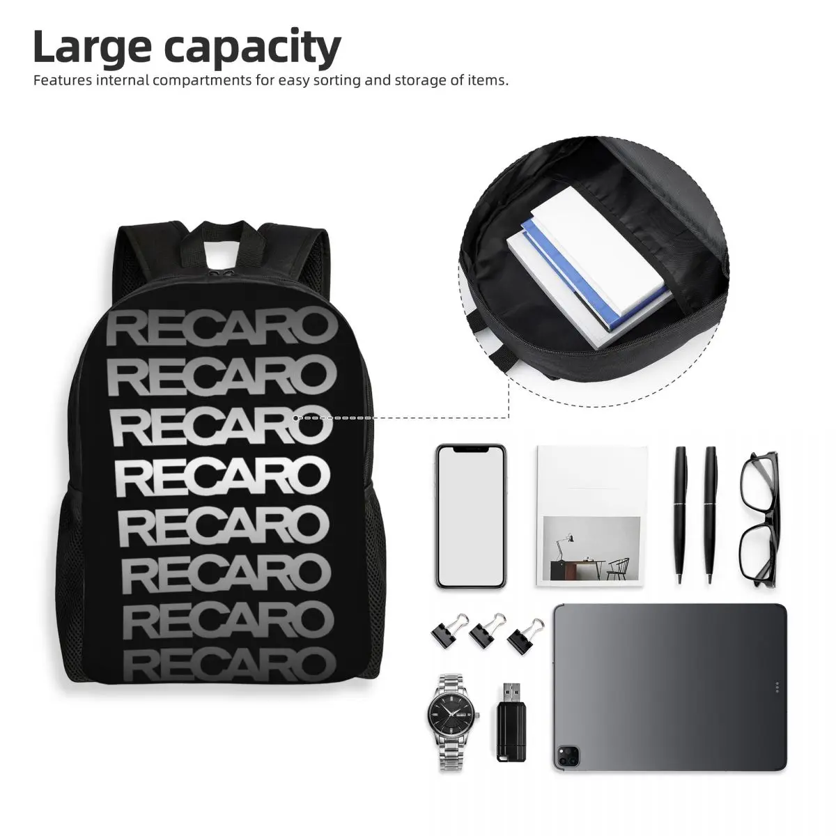 Recaros Logo Laptop Mochila para mulheres e homens, Moda Bookbag para a escola, Bolsa para estudante universitário