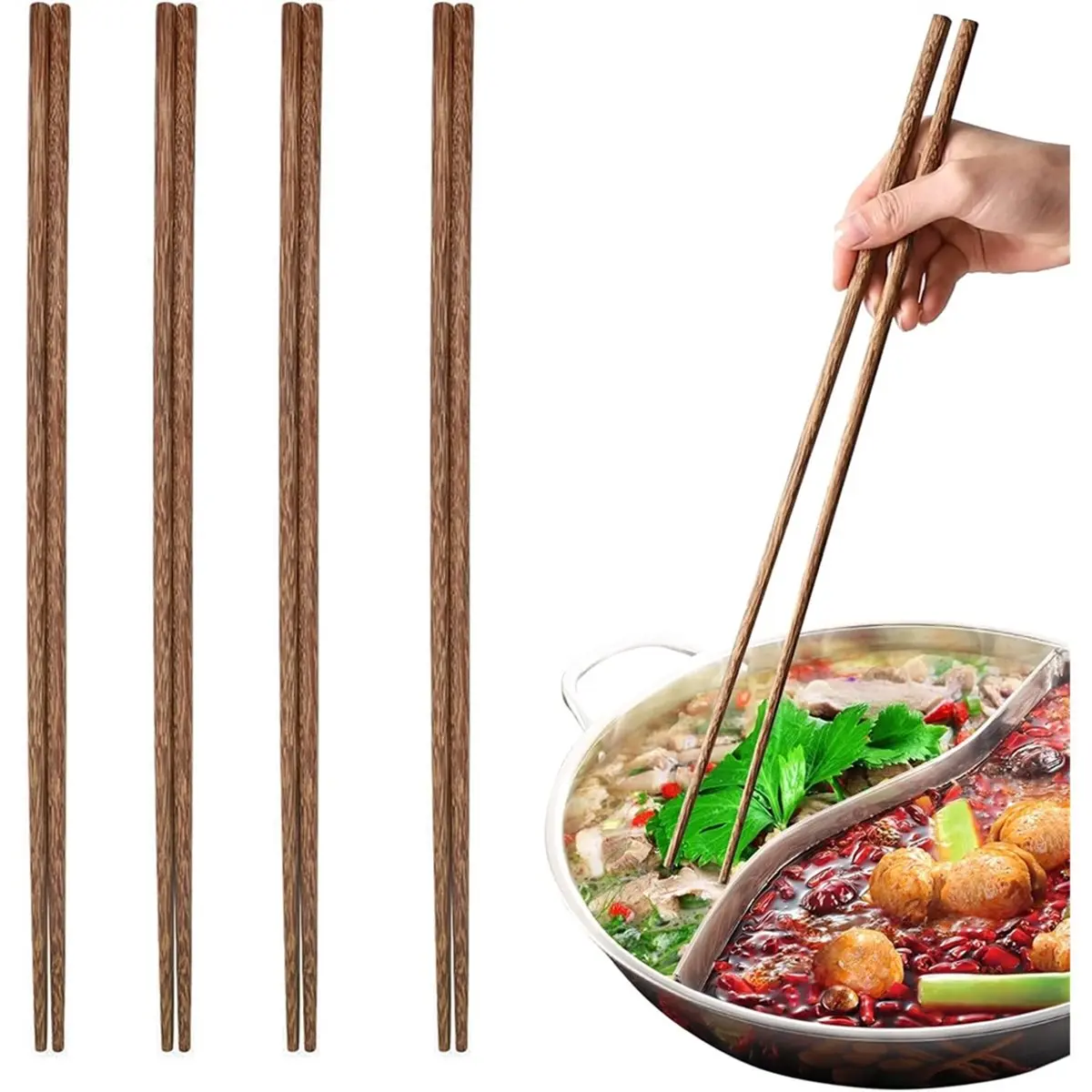 Chopstick Cooking, 4 Pairs Long Wooden Chinese Chopsticks 42cm