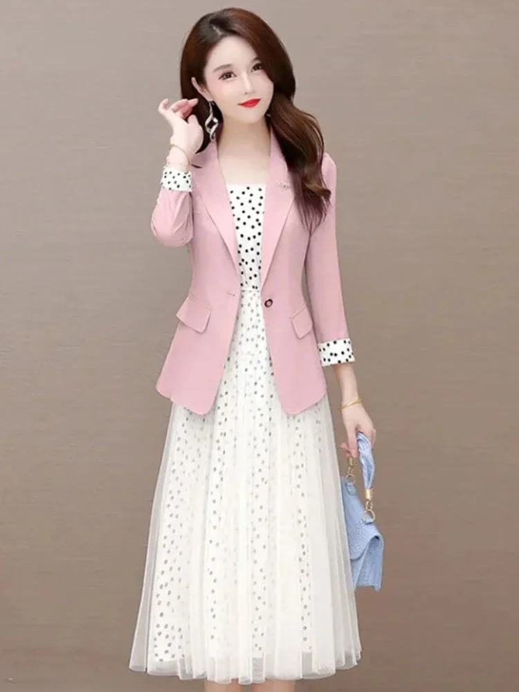 

Korean Polka Dot Dress Suits Women Two Piece Set Elegant Three Quarter Sleeve Blazer and Spaghetti Straps Mesh Sets N317