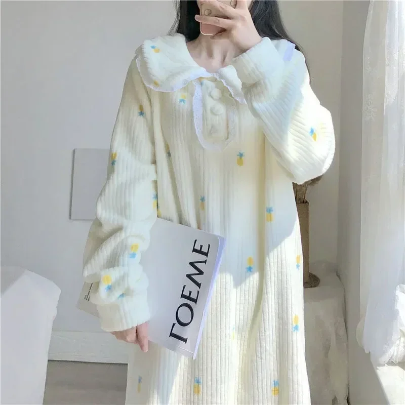 Pineapple In Home Sleepwear Piece New Pajamas Night Nightgown Fleece Dress Warm Women Nightwear Sleeve One Winter 2023 Lace Long