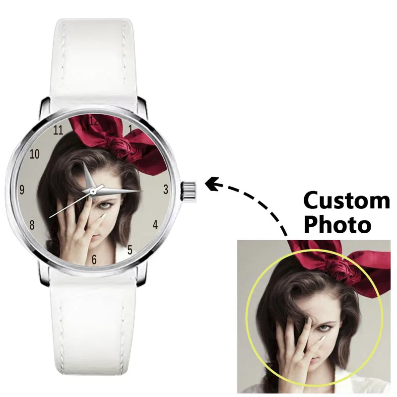 Montre à quartz en cuir noir et blanc à la mode pour hommes et femmes, photo personnelle personnalisée, logo de marque de dessin animé, cadeau