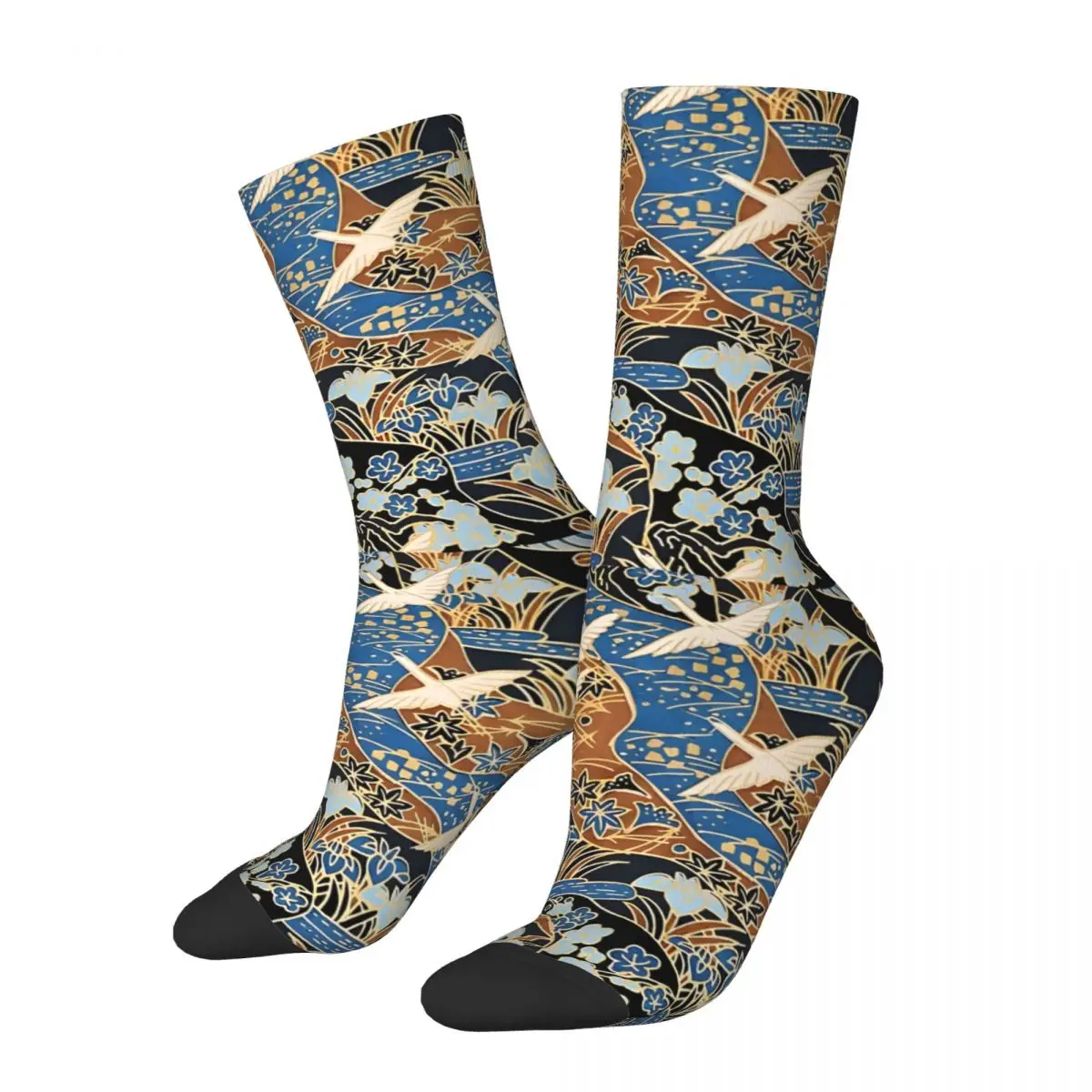 Funny Men's Socks FLYING WHITE CRANES Vintage Hip Hop Crazy Crew Sock Gift Pattern Printed